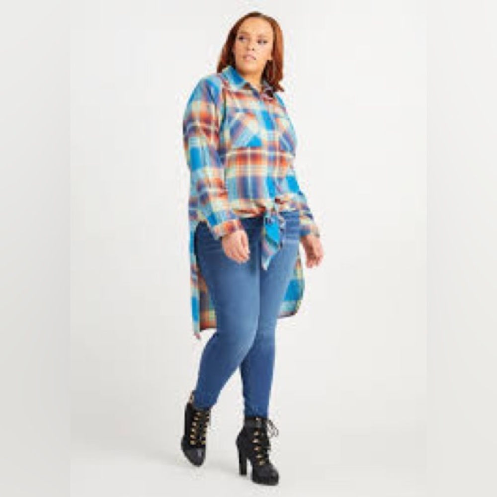 NWT Ashley Stewart Plaid 100% Cotton Tunic Shirt size 20